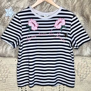 H&M French Striped Embroidered T-Shirt